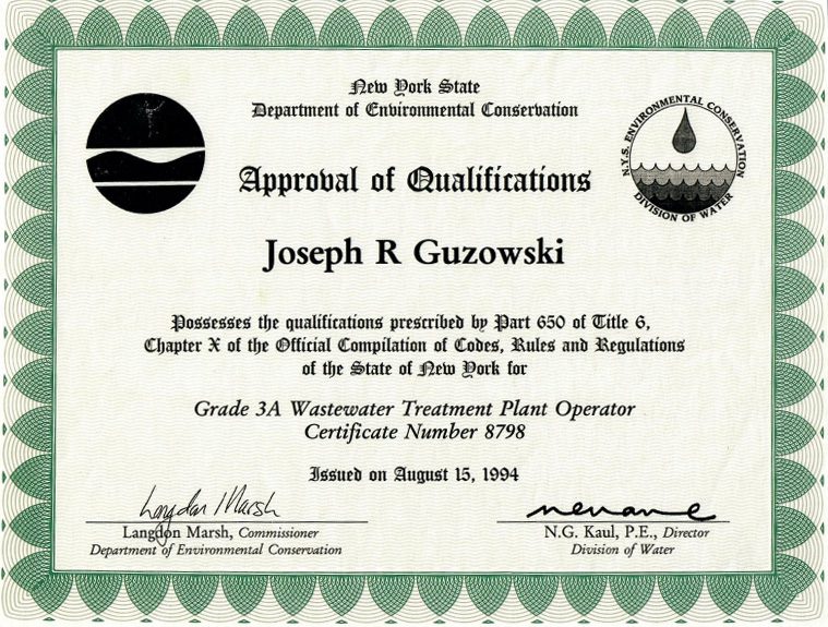 Certificate Of Approval Grade 3A To Joseph Guzowski